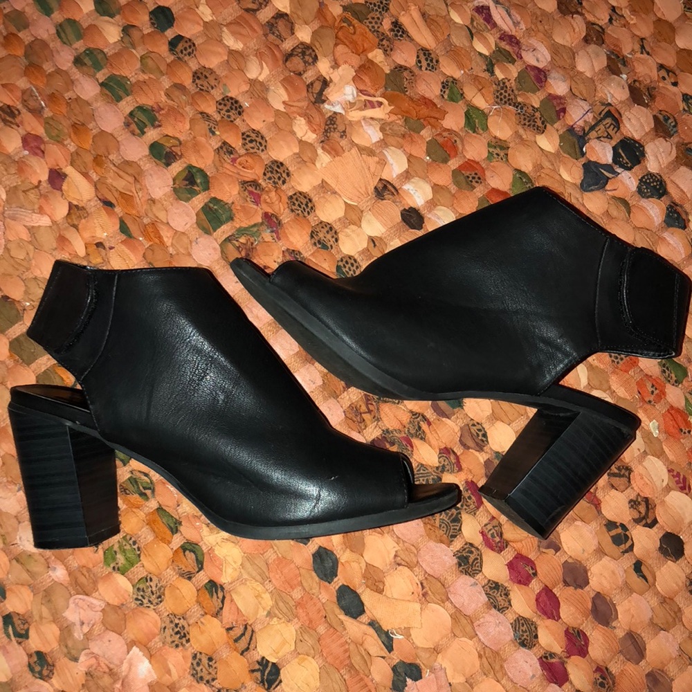 Black Leather Peep Toe Ankle Bootie